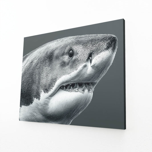 Black and White Portrait Shark Wall Art – angled canvas view on white background