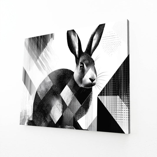 Black And White Rabbit Wall Art – angled canvas view on white background