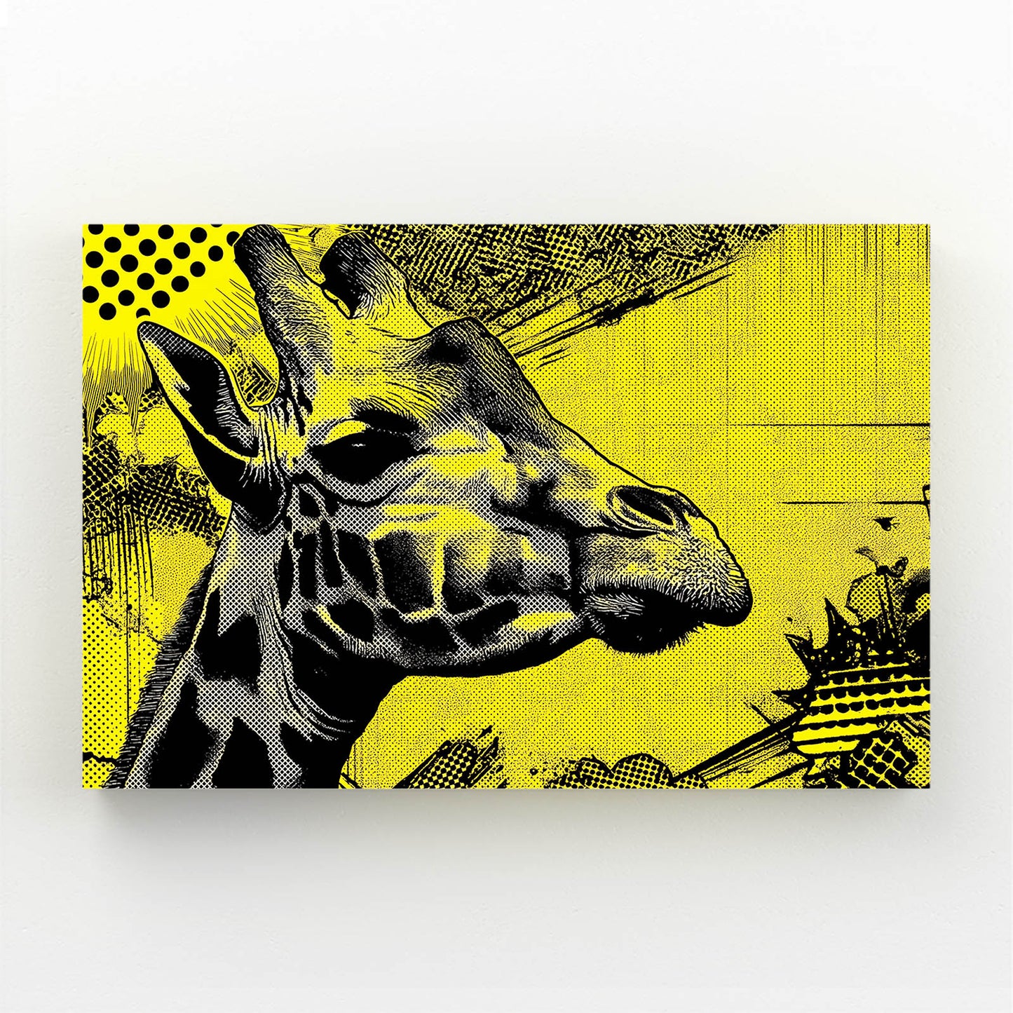 Giraffe illustration with a yellow and black abstract design on a white background