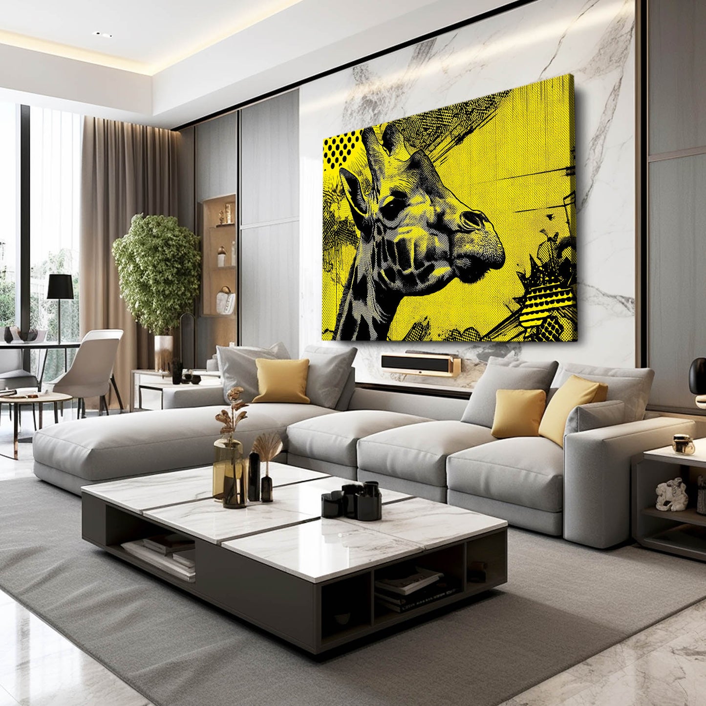 Modern living room with a gray sectional sofa, marble coffee table, and a large yellow and black giraffe painting on the wall.