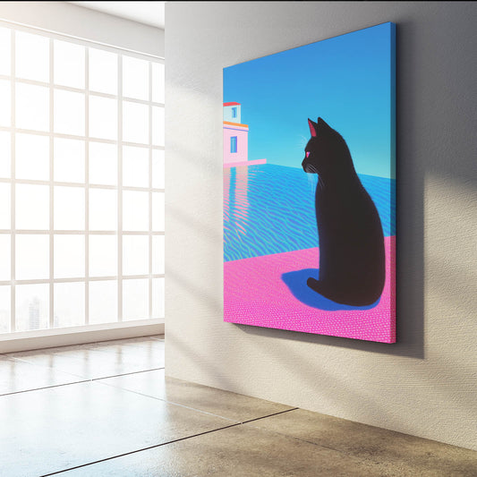 Black Cat by Poolside Cat Art — digital canvas print in blue tones, view 3