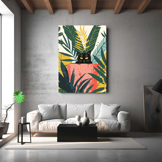 Black Cat in Jungle Pot Art — cute canvas print in white tones, view 3
