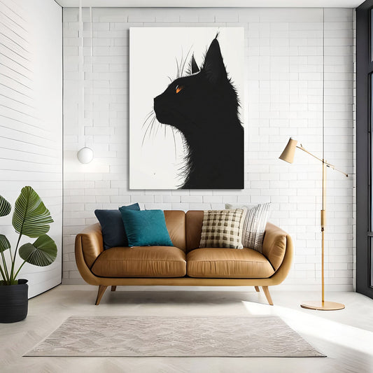 Black Cat Wall Art Decor — black and white canvas print in white tones, view 3