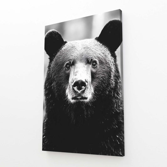 Black Fur Portrait Bear Wall Art — minimalist canvas print, angled canvas view on white background