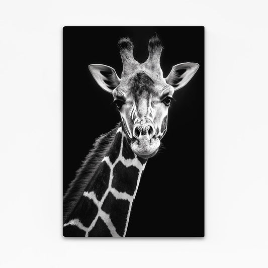 Black and white photo of a giraffe's head on a black background