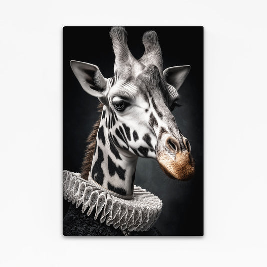 Giraffe head with decorative collar on a black background