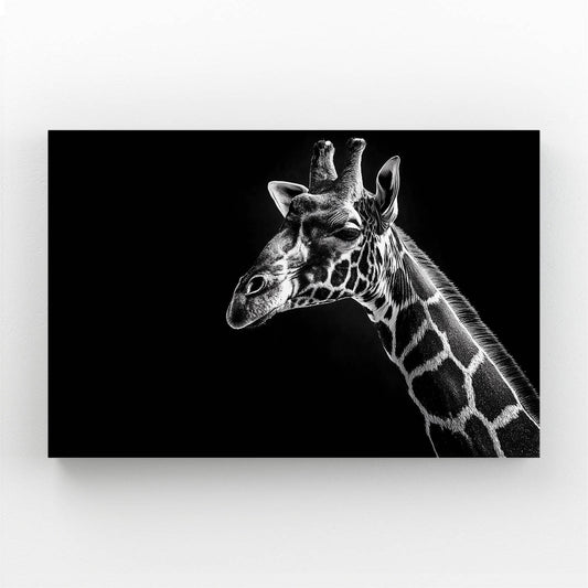Black and white photo of a giraffe against a black background