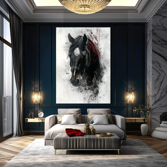 Black Head Horse Wall Art – angled canvas view on white background