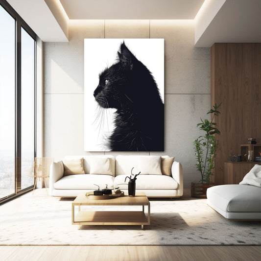 Black Profile Cat Wall Art — black and white canvas print in white tones, view 3
