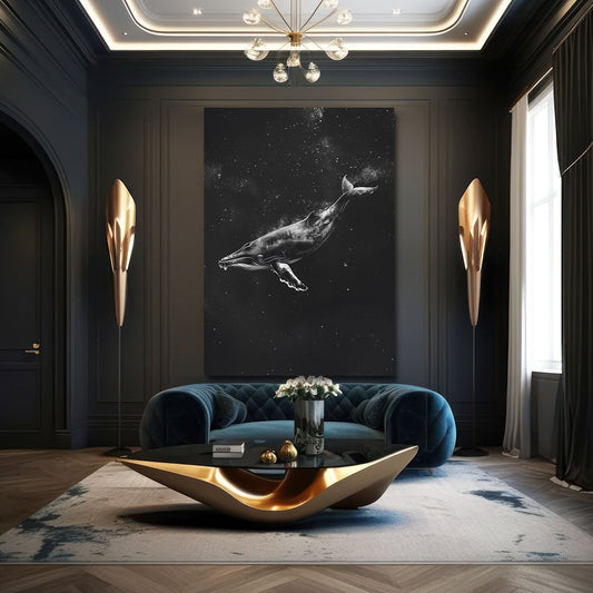 Black Space Whale Art — black and white canvas print in gray tones, view 3