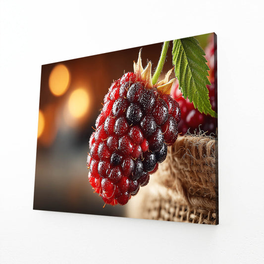 Blackberry Bokeh Macro Fruit Canvas Art – angled canvas view on white background