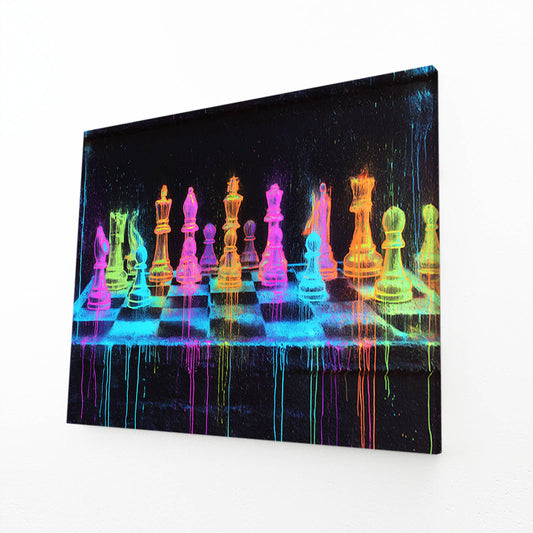 Blacklight Neon Board Chess Canvas Art – angled canvas view on white background