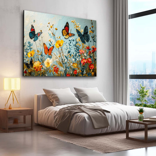 Blooming Meadow Butterfly Wall Art — botanical canvas print in white tones, view 3