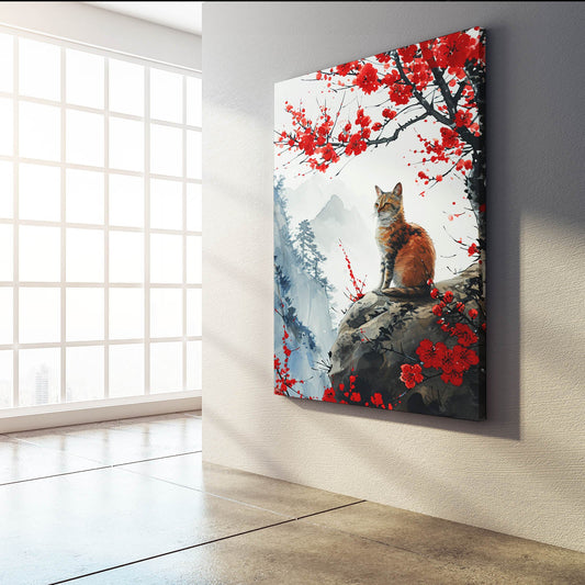 Blossom Serenity Cat Wall Art — japanese canvas print in white tones, view 3
