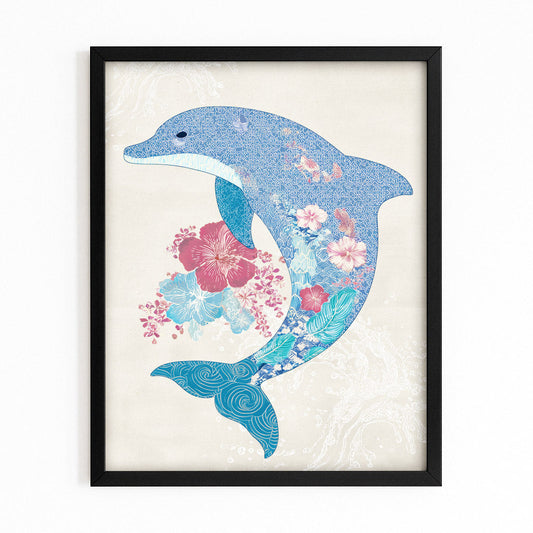 Blossom Silhouette Dolphin Art – with Premium Black wood frame on white background