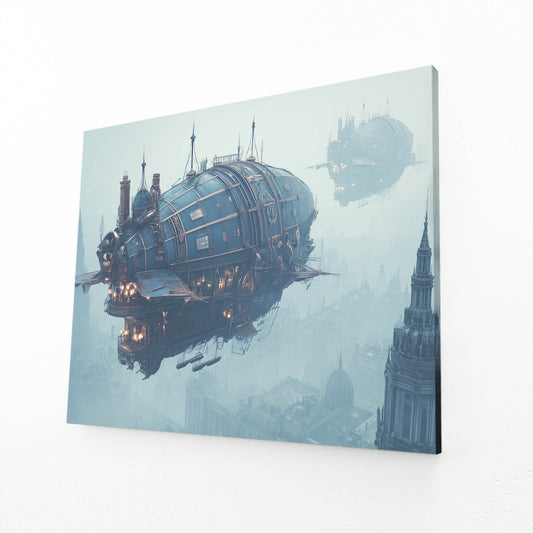 Blue Airship Harbor Steampunk Prints – angled canvas view on white background