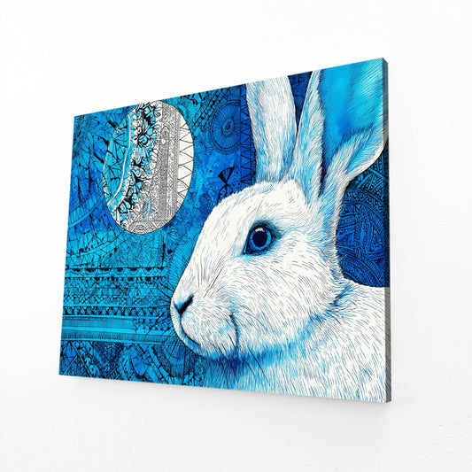Blue Bunny Art – angled canvas view on white background
