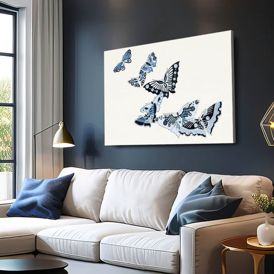 Blue Butterfly Canvas Wall Art — minimalist canvas print in white tones, view 3