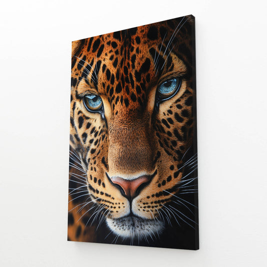 Blue-Eyed Gaze Leopard Canvas Art – angled canvas view on white background