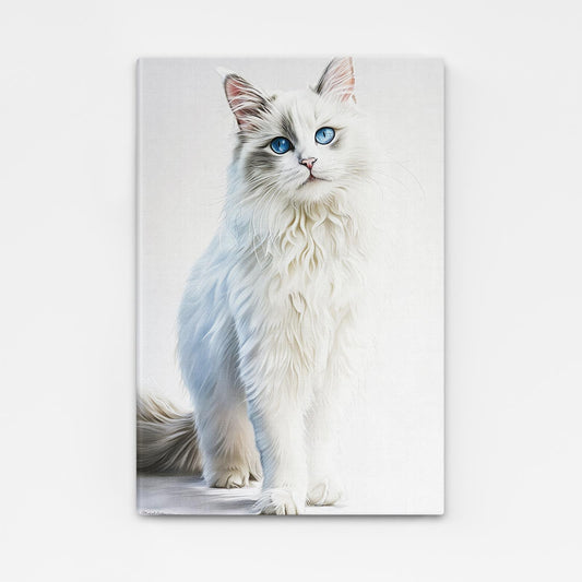 Blue-Eyed Majesty Cat Wall Art — digital canvas print in white tones, angled canvas view on white background