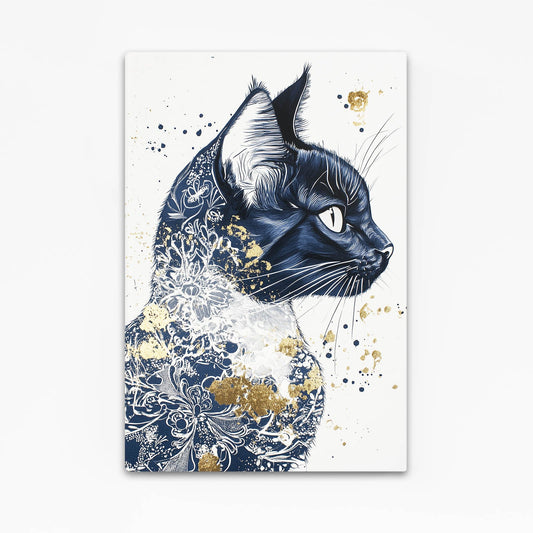 Blue Floral Splatter Cat Art — contemporary canvas print in white tones, angled canvas view on white background