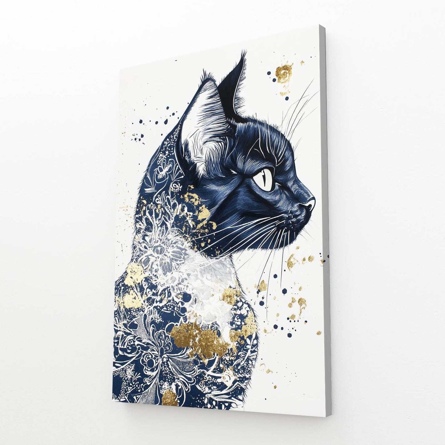 Blue Floral Splatter Cat Art