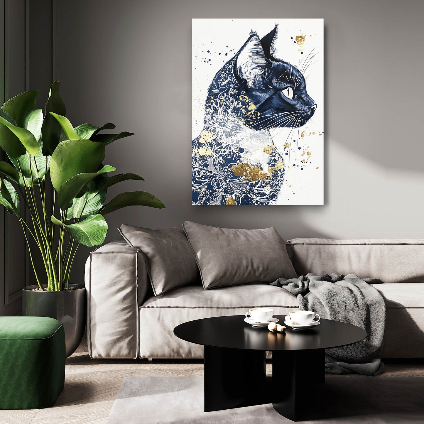 Blue Floral Splatter Cat Art