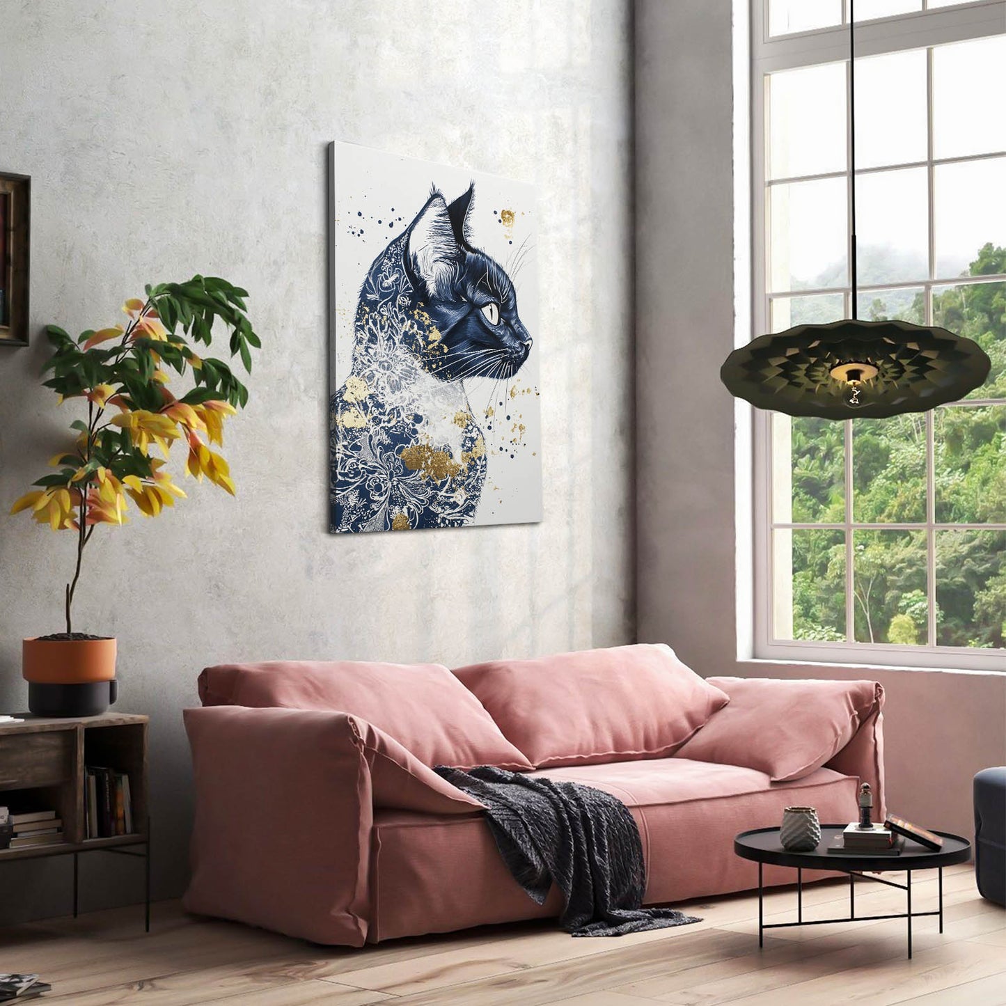 Blue Floral Splatter Cat Art