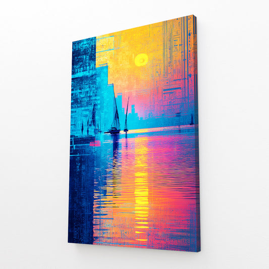 Blue Gold Pyramid Reflection Egyptian Art – angled canvas view on white background