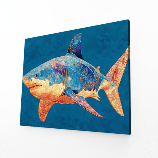 Blue Orange Geometric Shark Prints – angled canvas view on white background