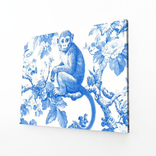 Blue Toile Bloom Monkey Art – angled canvas view on white background