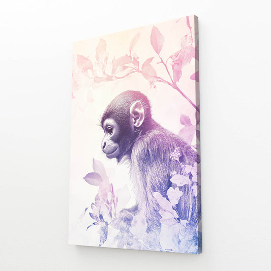 Blush Botanical Leaf Monkey Canvas – angled canvas view on white background