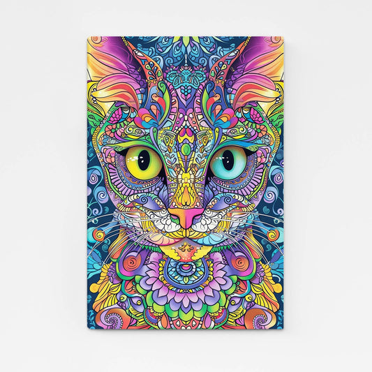 Boho Psychedelic Cat Wall Art — psychedelic canvas print in blue tones, angled canvas view on white background