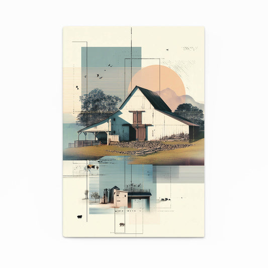 Boho Rustic Farmhouse Landscape Art — boho canvas print in white tones, canvas print on white background