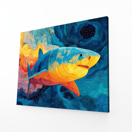 Bold Color Block Shark Prints – angled canvas view on white background