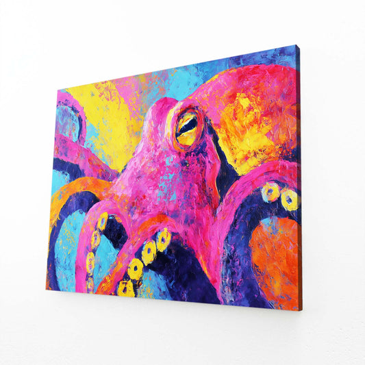 Bold Neon Portrait Octopus Art – angled canvas view on white background