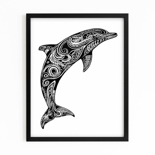 Bold Swirl Dolphin Print – with Premium Black wood frame on white background