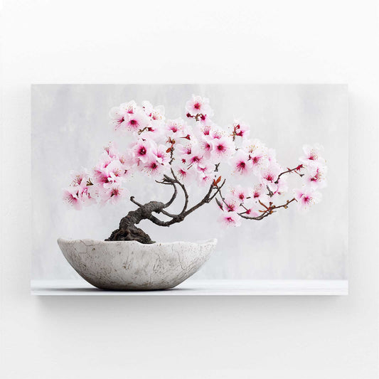 Bonsai In Bowl Cherry Blossom Wall Decor – angled canvas view on white background
