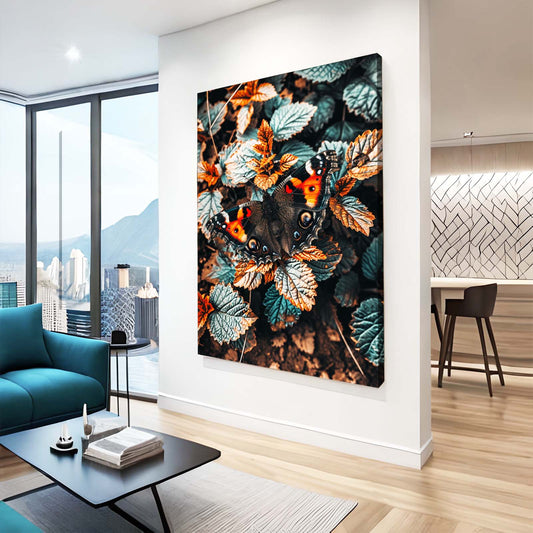Botanical Contrast Butterfly Wall Art — botanical canvas print in orange tones, view 3