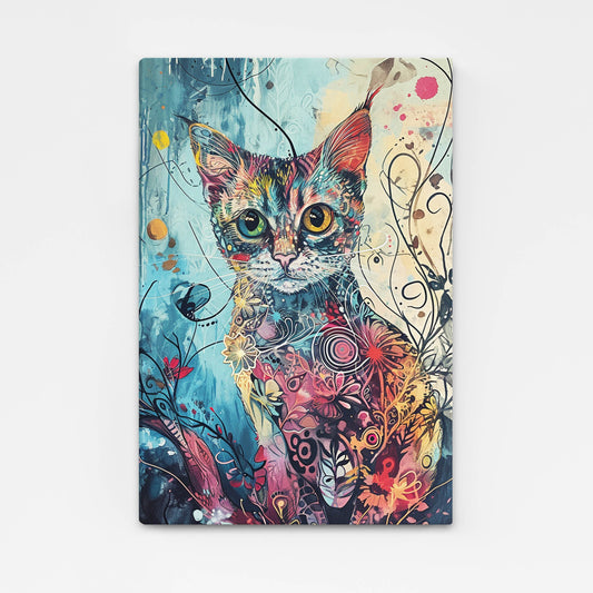 Botanical Fantasy Cat Art – angled canvas view on white background
