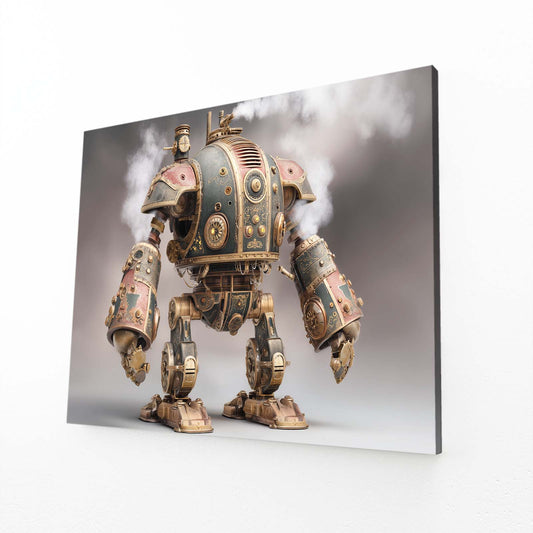 Brass Battle Mech Steampunk Wall Art – angled canvas view on white background