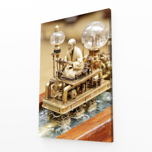 Brass Bulb Locomotive Steampunk Canvas Art – angled canvas view on white background