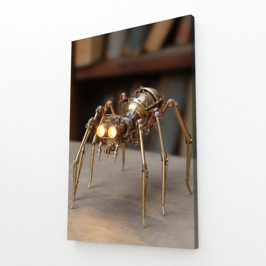 Brass Clockwork Spider Steampunk Canvas Art – angled canvas view on white background
