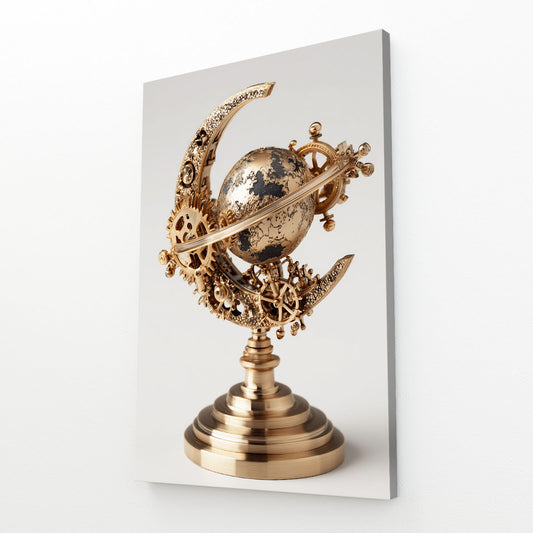 Brass Crescent Globe Steampunk Wall Art – angled canvas view on white background