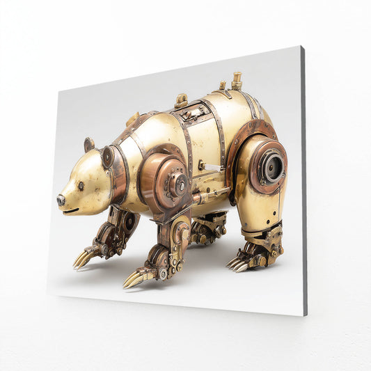 Brass Mechanical Bear Steampunk Canvas Art – angled canvas view on white background