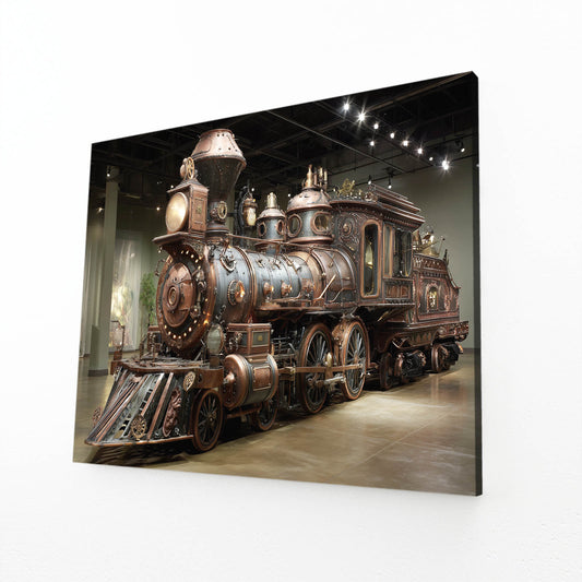 Brass Steam Locomotive Steampunk Canvas Art – angled canvas view on white background