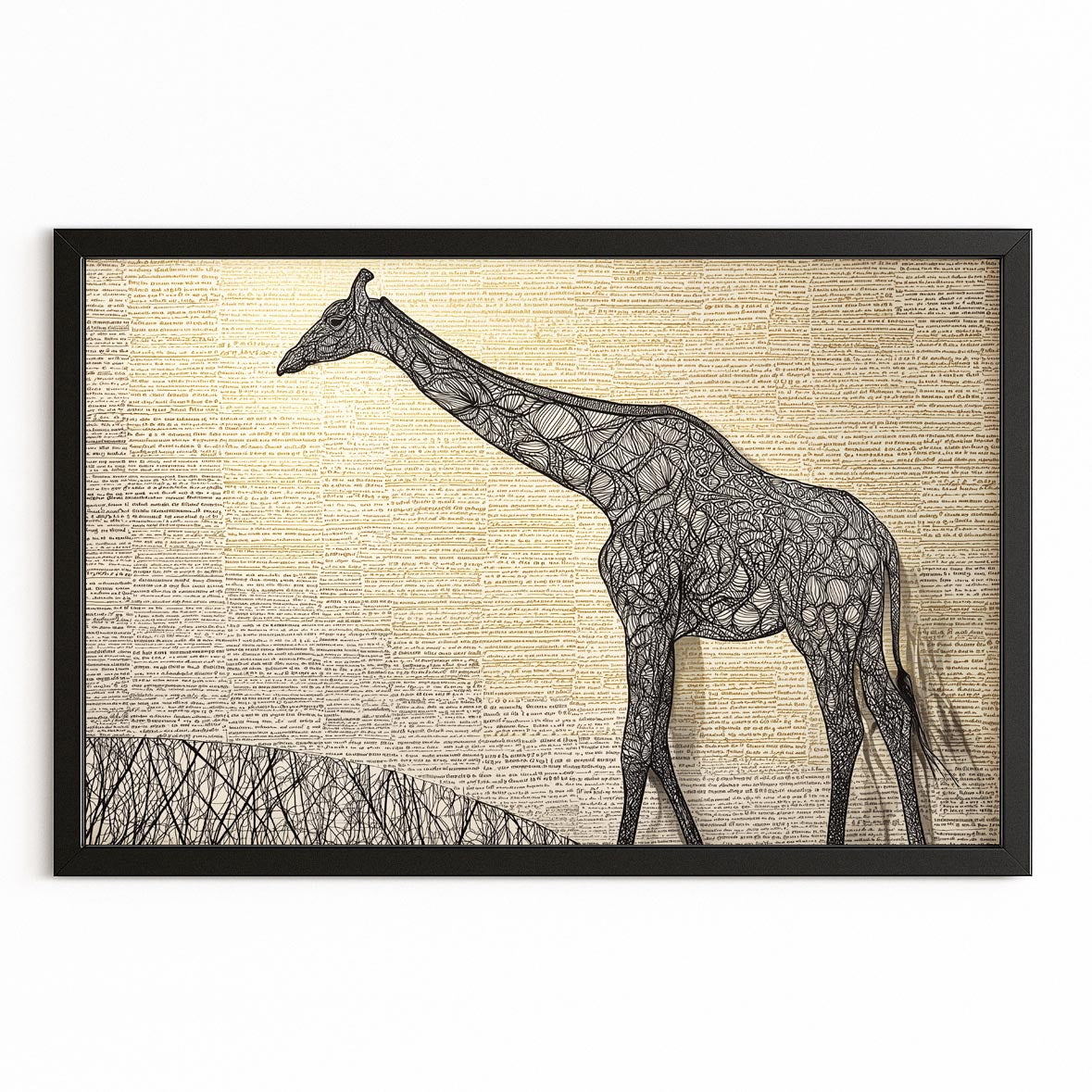 Framed artwork of a giraffe on a textured background