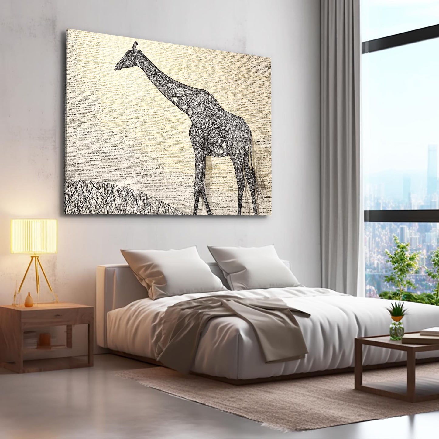 Modern bedroom with a large giraffe painting on the wall