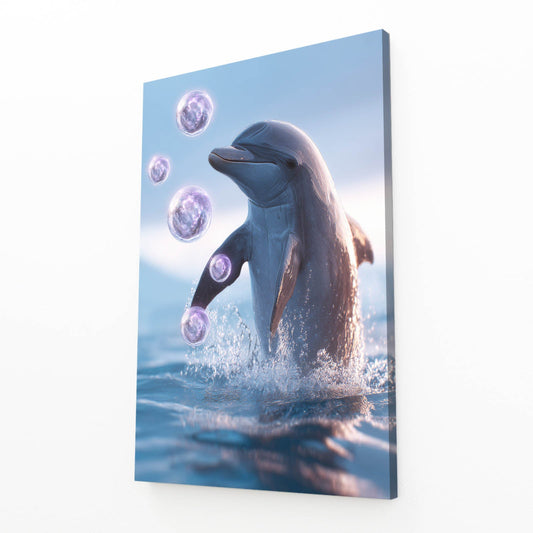 Bubble Play Dolphin Wall Art – angled canvas view on white background
