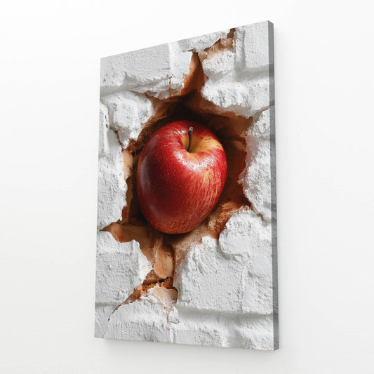 Bursting Brick Wall Apple Wall Art – angled canvas view on white background
